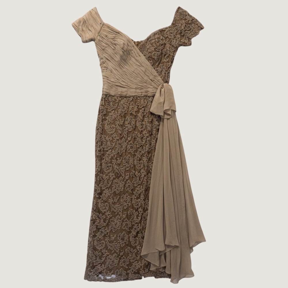 Vintage 1970s Champagne Lace Pleated Chiffon Gown